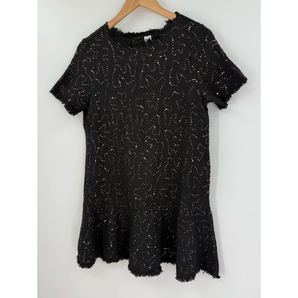 NWT Wild Pony Sequin Tweed Drop Waist Mini Dress Fringe Trim | Black | Small